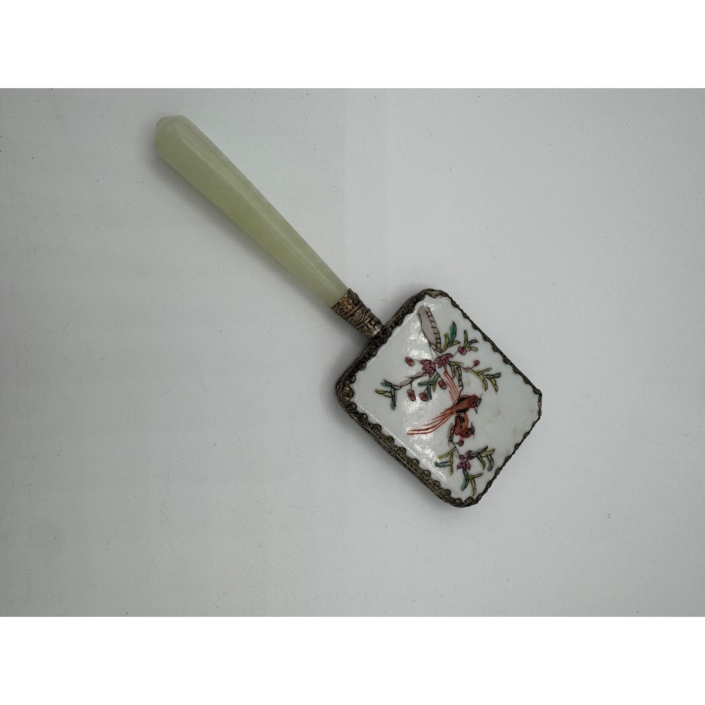 Antique Chinese Export Porcelain Bird Hand Mirror Celadon Jade Handle AS IS READ